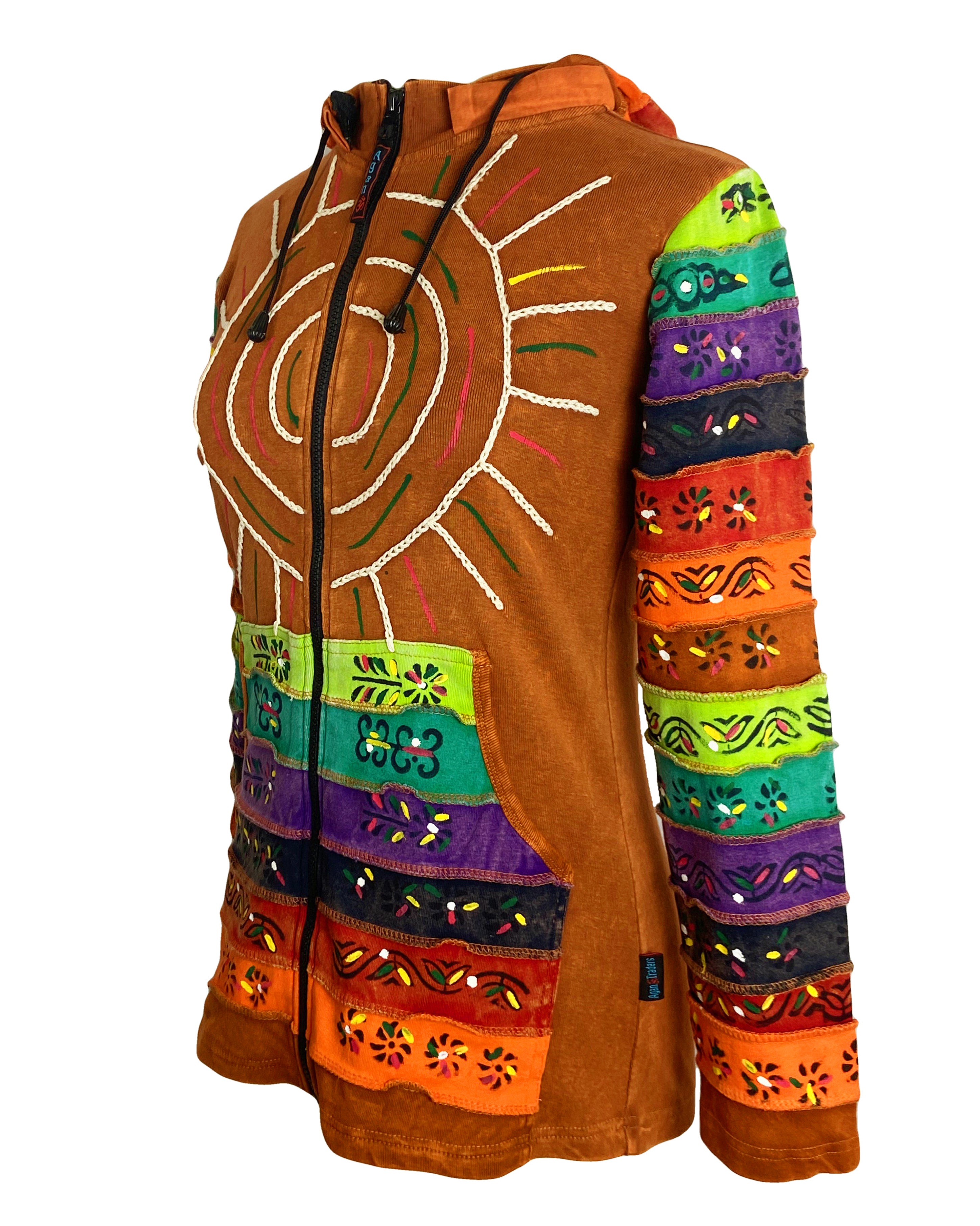 Women's Boho Tie-Dye Patchwork Hoodie Jacket - Lightweight Cotton Hippie Style (Purple, Small)
