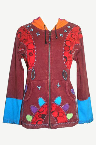 R 343 Agan Traders Rib Cotto Elf Hoodie Floral Embroidered Bohemian Jacket - Agan Traders, Maroon Multi