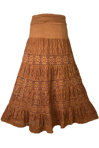 1701 SKT Boho Gothic Tiered Lace Net Waistband Long Flared Cotton Skirt Maxi - Agan Traders, Rust