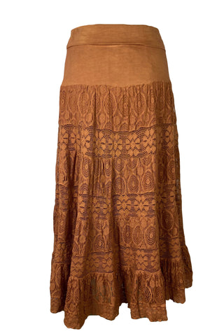 1701 SKT Boho Gothic Tiered Lace Net Waistband Long Flared Cotton Skirt Maxi - Agan Traders, Rust