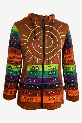 327 RJ Hand Crafted Bohemian Rib Tie-dye Brush Painted Patch Cotton Hoodie Jacket - Agan Traders, Brown