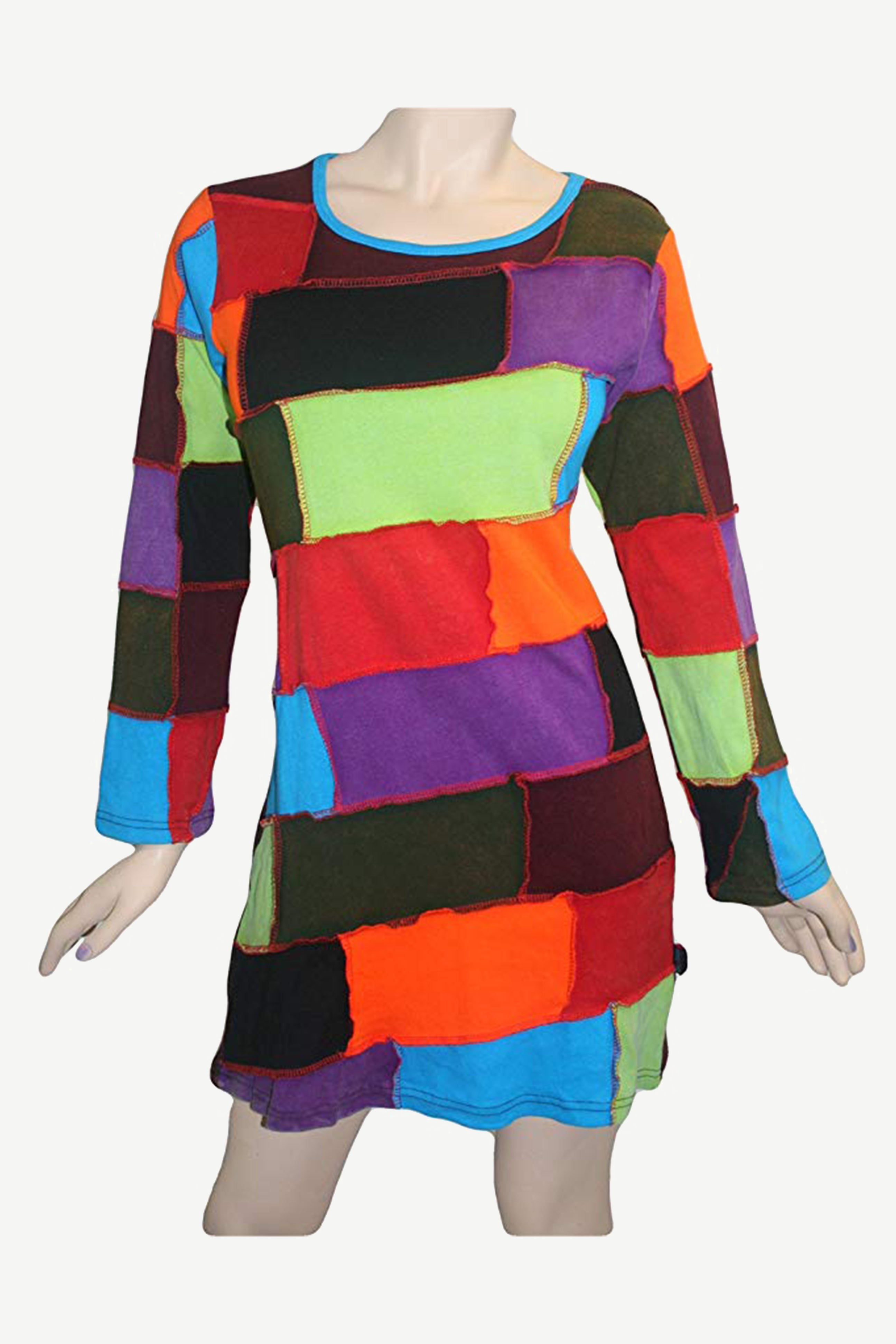 R 03 DR Retro Knit Cotton Multi-colored Patchwork Mid Length Dress ...