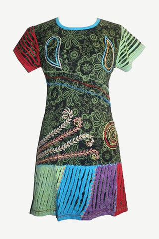 Knit Viscose Razor Cut Embroidered Light Weight Summer Short Baby Doll Dress - Agan Traders, Black Multi
