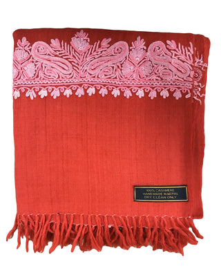 100% Wool Embroidered Soft Floral Cashmere Pashmina High-Quality Shawl - Agan Traders, Orange Red