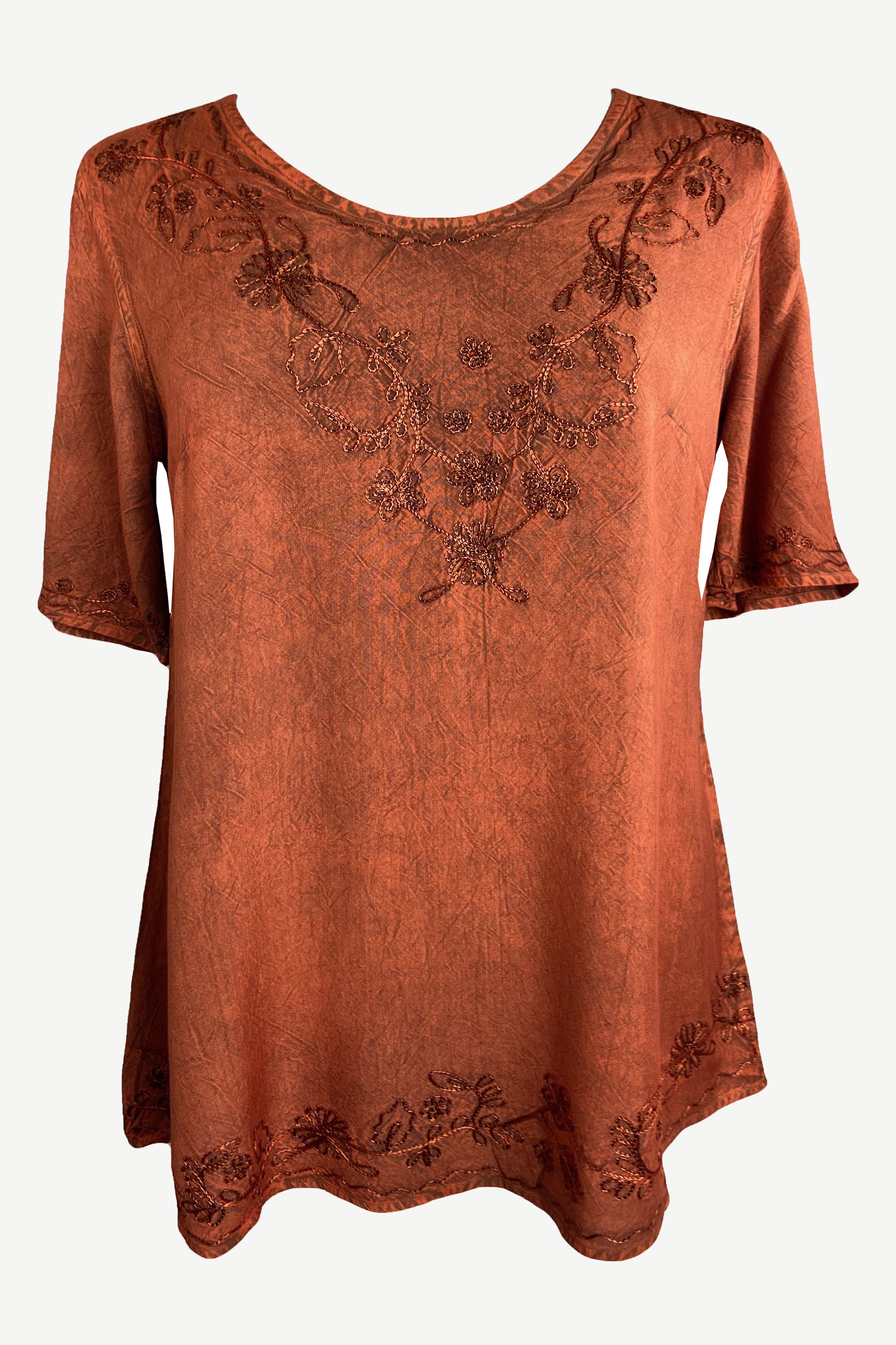 27710 B Medieval Embroidered Round Neck Short Sleeve Tunic Blouse