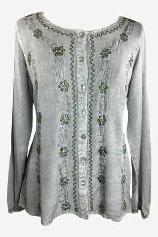 Women's Boho Medieval Embroidered Button-Down Full Sleeve Shirt Blouse﻿ - Agan Traders, Silver