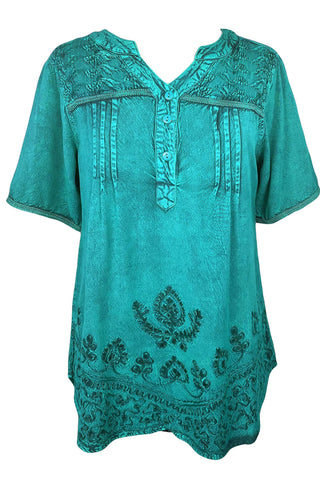 9011 B Bohemian Mandarin Style Three Button Embroidered Shirt Blouse - Agan Traders, Turquoise