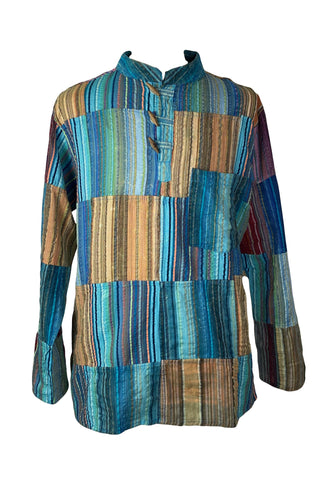Cotton Patchwork Mandarin Style Light Weight Tunic Shirt Nepal - Agan Traders, Turquoise Multi