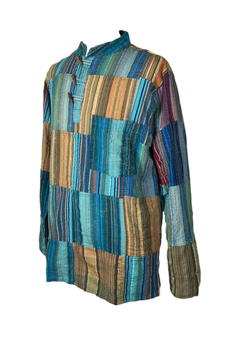 Cotton Patchwork Mandarin Style Light Weight Tunic Shirt Nepal - Agan Traders, Turquoise Multi
