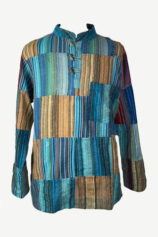Cotton Patchwork Mandarin Style Light Weight Tunic Shirt Nepal - Agan Traders, Turquoise Multi