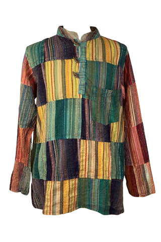 Cotton Patchwork Mandarin Style Light Weight Tunic Shirt Nepal - Agan Traders, Yellow Multi