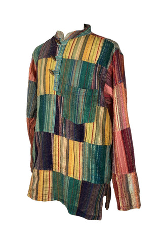 Cotton Patchwork Mandarin Style Light Weight Tunic Shirt Nepal - Agan Traders, Yellow Multi
