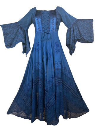 Medieval Gothic Bohemian Embroidered Handkerchief Flare Corset Dress Gown - Agan Traders, Navy Blue